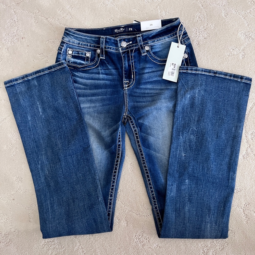 29/34 Miss Me Women's Mid Rise Aztec Stitch Bootcut Jeans with Faux Flap Pockets
